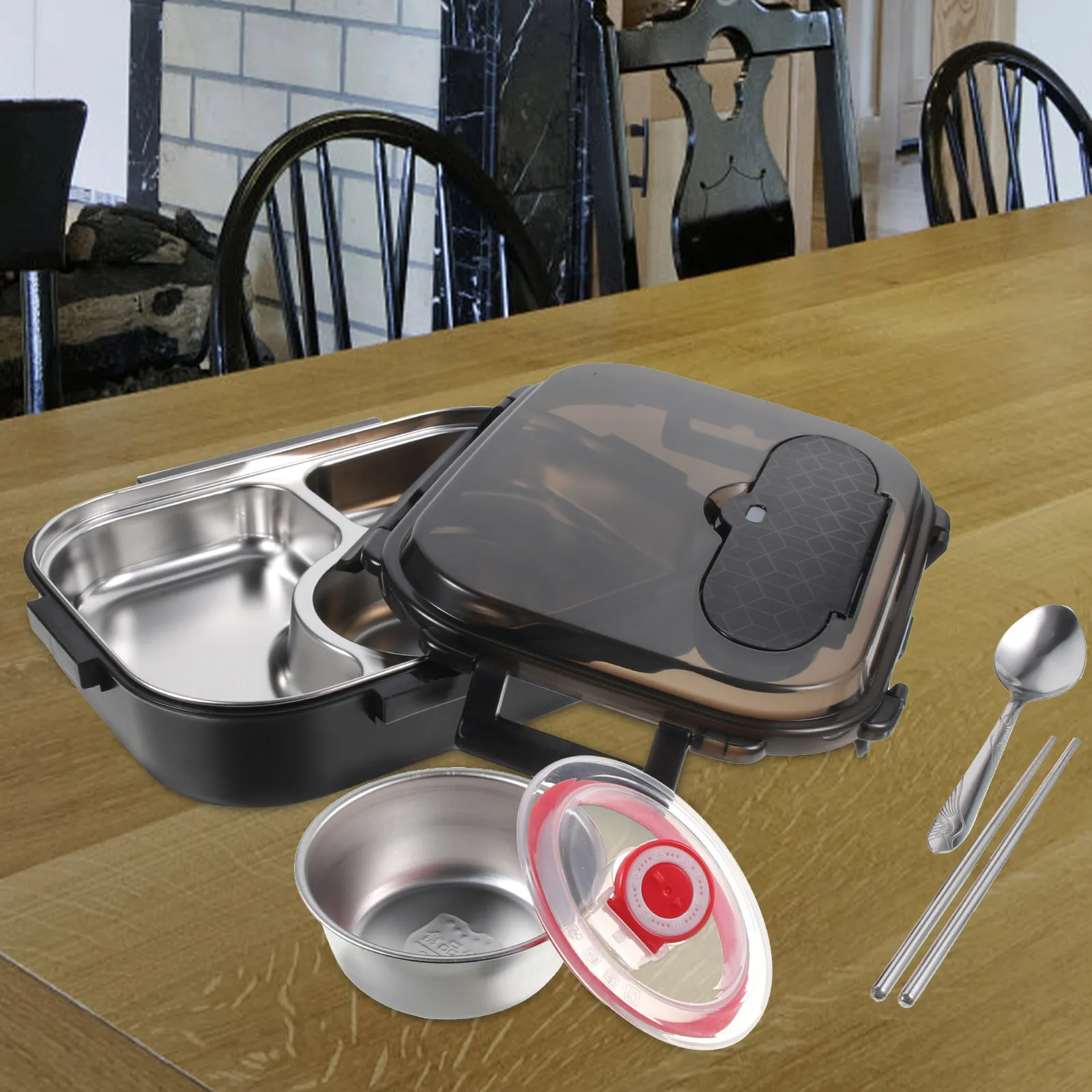 

1Set Thermal Lunch Box Black 2000Ml Insulated Fresh Keeping Food Storage Case Detachable Leak Proof Portable Student Office