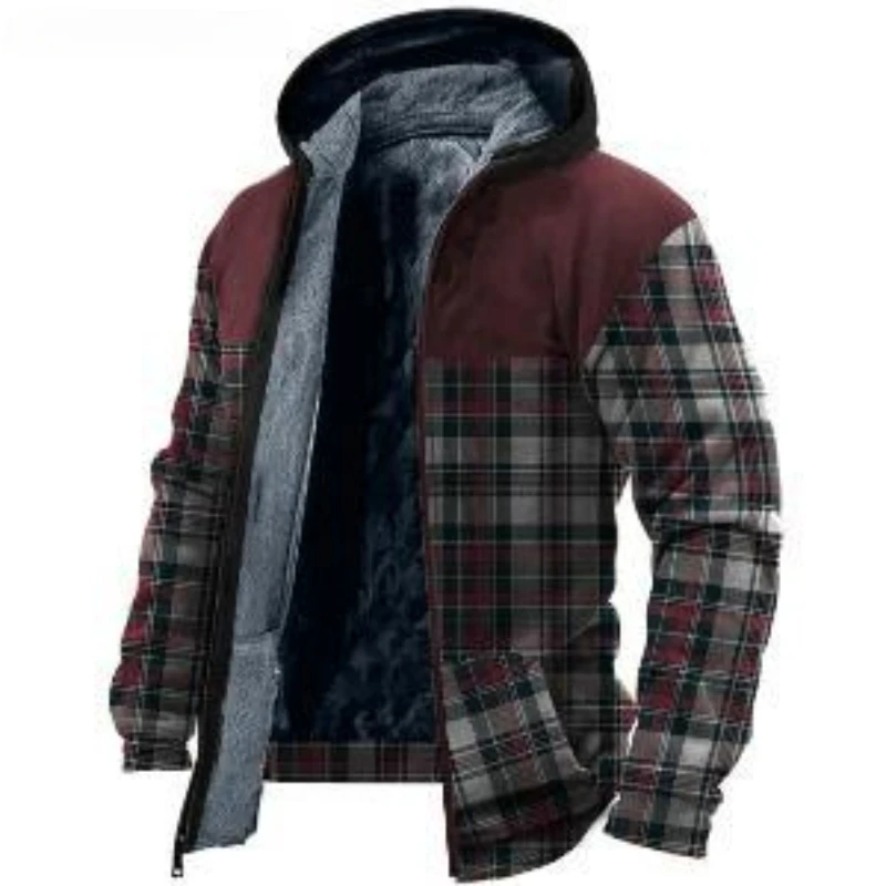 เสื้อแจ็คเก็ตมีกระเป๋าสำหรับผู้ชายเสื้อโค้ทขนแกะมีซิปมีฮู้ดสำหรับฤดูหนาวพิมพ์ลายสำหรับผู้ชาย