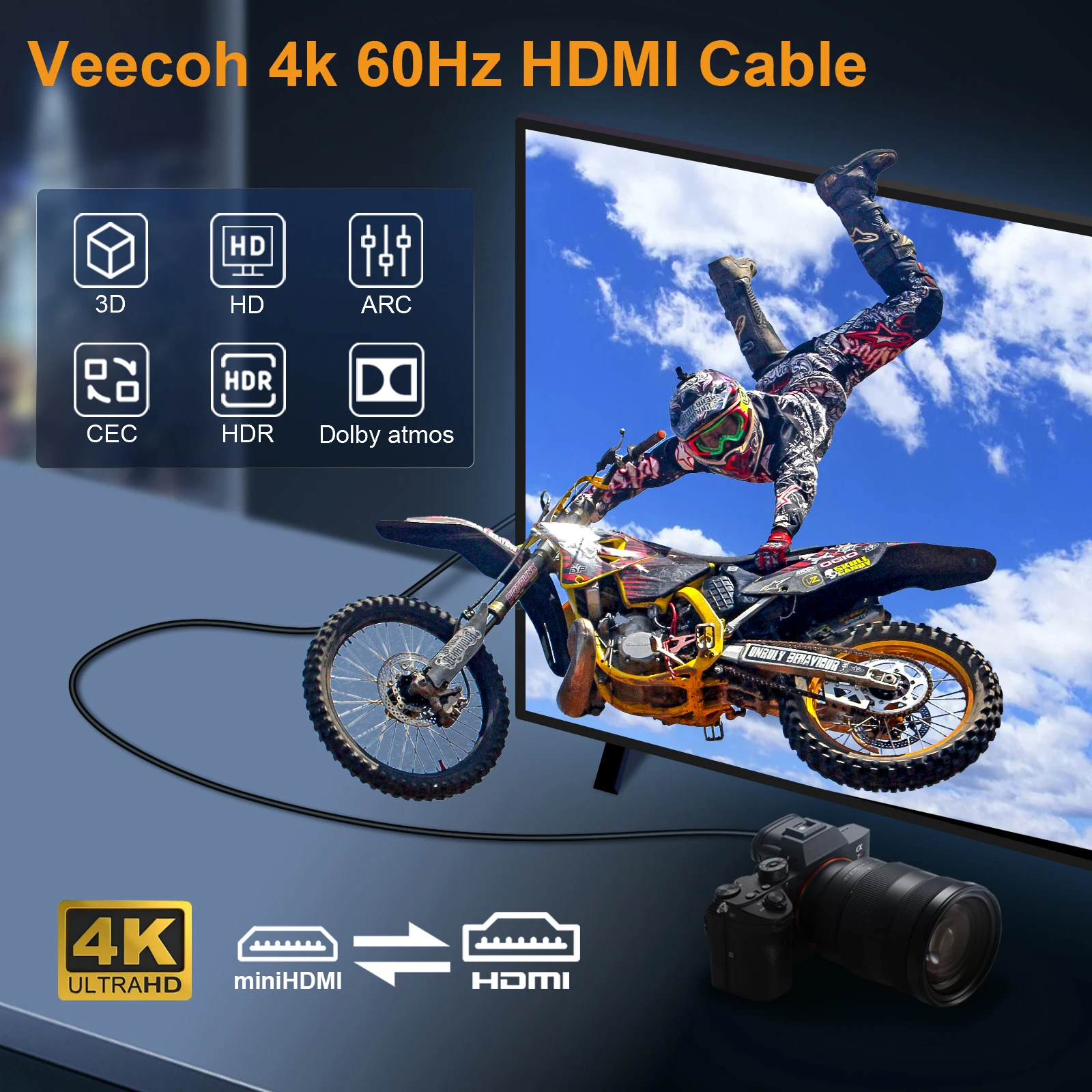 VEECOH Mini HDMI to HDMI Cable,High Speed 4K 60Hz HDMI 2.0 Cord,Support 3D HDR ARC,for Graphics Card,HDTV,Tablet