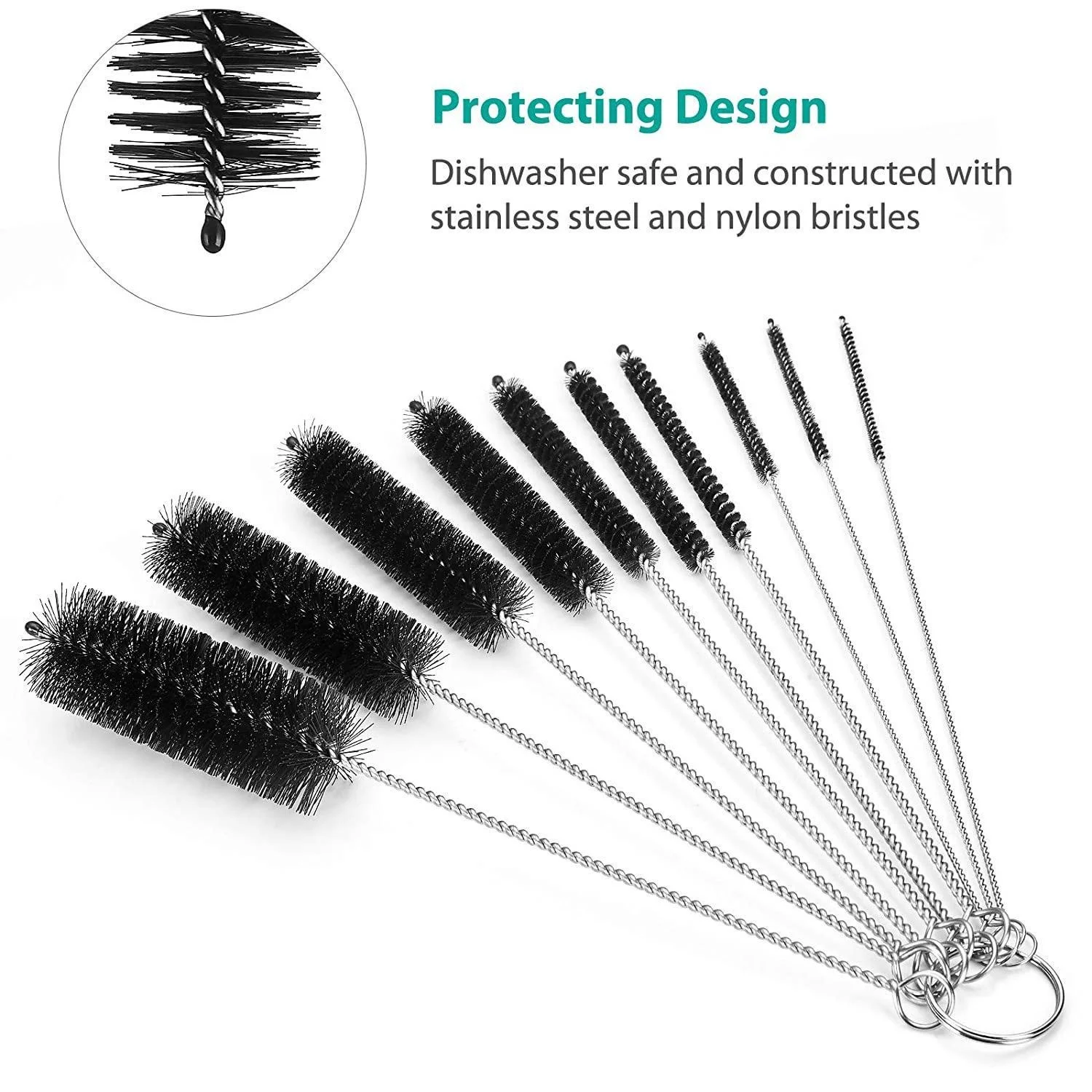 10Pcs/Set Multifunctional Portable Stainless Steel Household Bottle Brushes Cleaner Glass Washing Tube Cleaning Brush Set