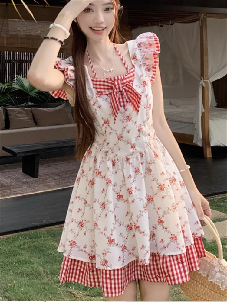 夏休み草原シックな花柄ショート A ラインドレスかわいいリボンパッチワークショートフライングスリーブホリデーシーサイドミニドレス