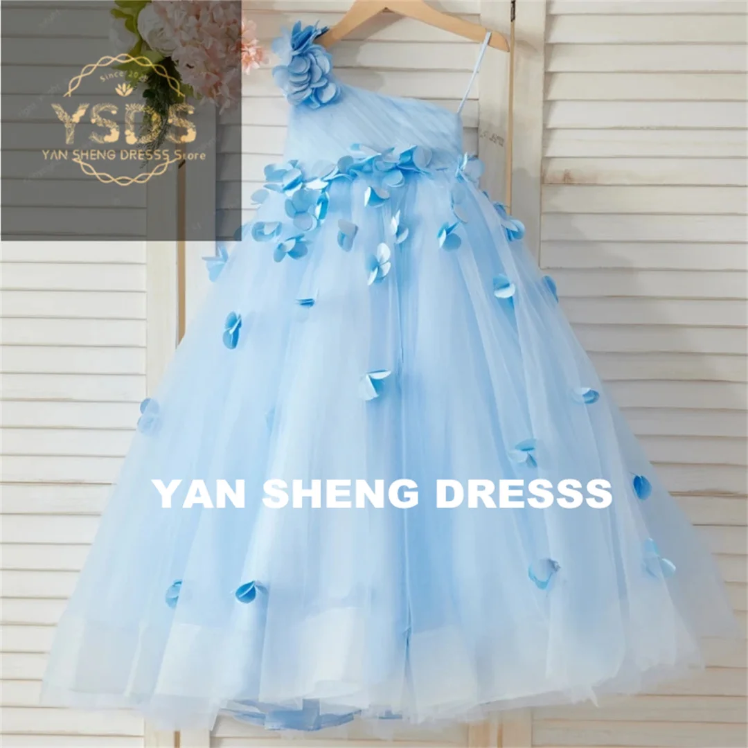 Customized Flower Girl Dresses Sky Blue Petals And Flowers Single Sleeveless For Wedding Birthday Party Banquet Princess Gowns