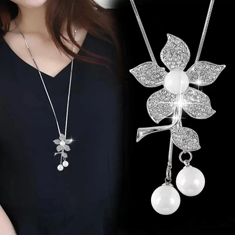 Women Camellia Flower Pendant Necklaces 2024 Elegant Long Sweater Chain Decorative Crystal Necklace Pendant