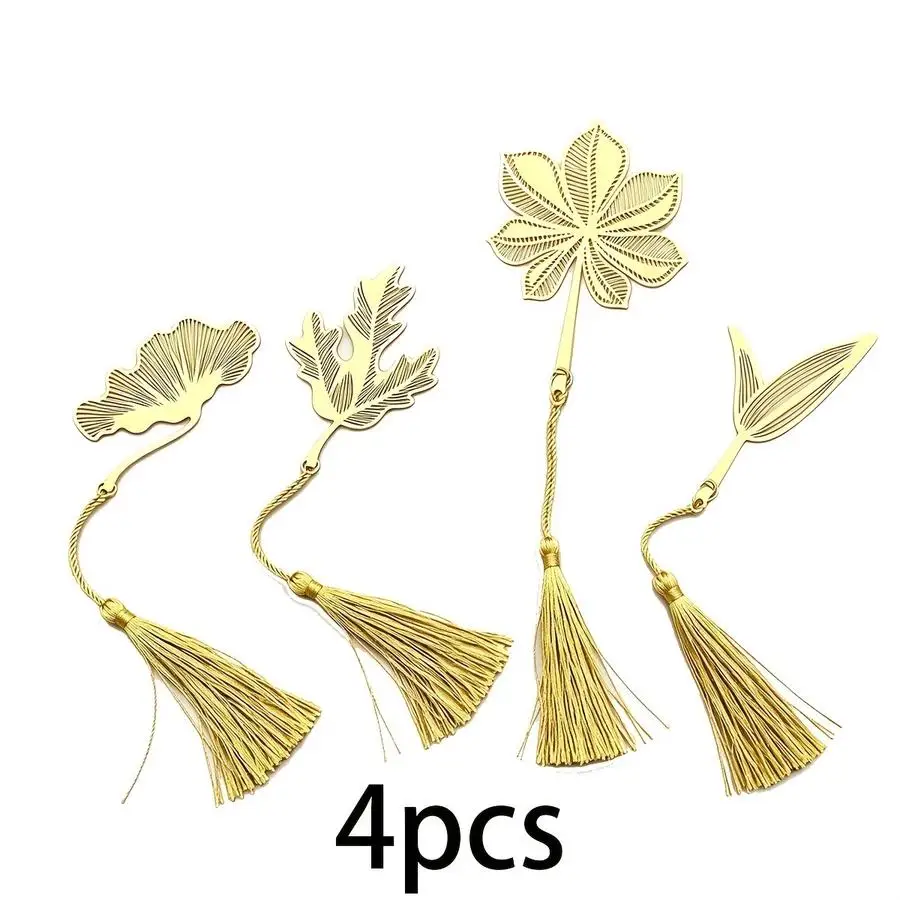 1/5/10/20/50/100pcs Seasonal Leaf Metal Bookmark Set with Tassels - Stainless Steel Material, Hollow-Out Design (Hibiscus/Honeys
