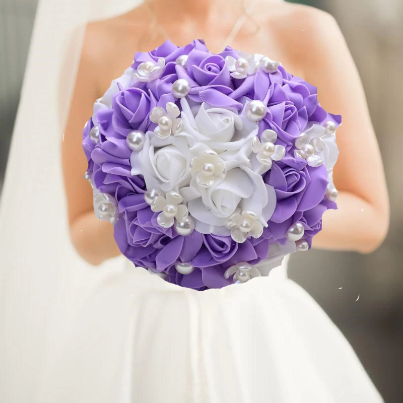 Purple Bride and Bridesmaids Holding Bouquet Handmade Satin Rose Wedding Church Decoration Romantic Elegant Wedding Flowers