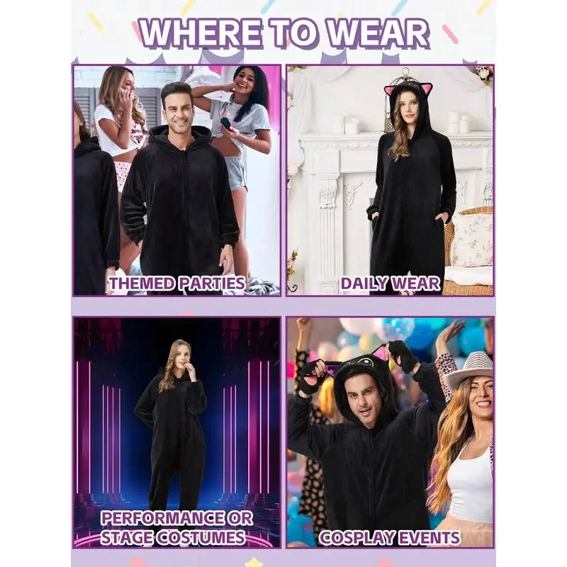 Piyama jumpsuit hitam dewasa sarung tangan kaki kostum pasangan cosplay kucing lucu untuk berdandan pria dan wanita ir;l5