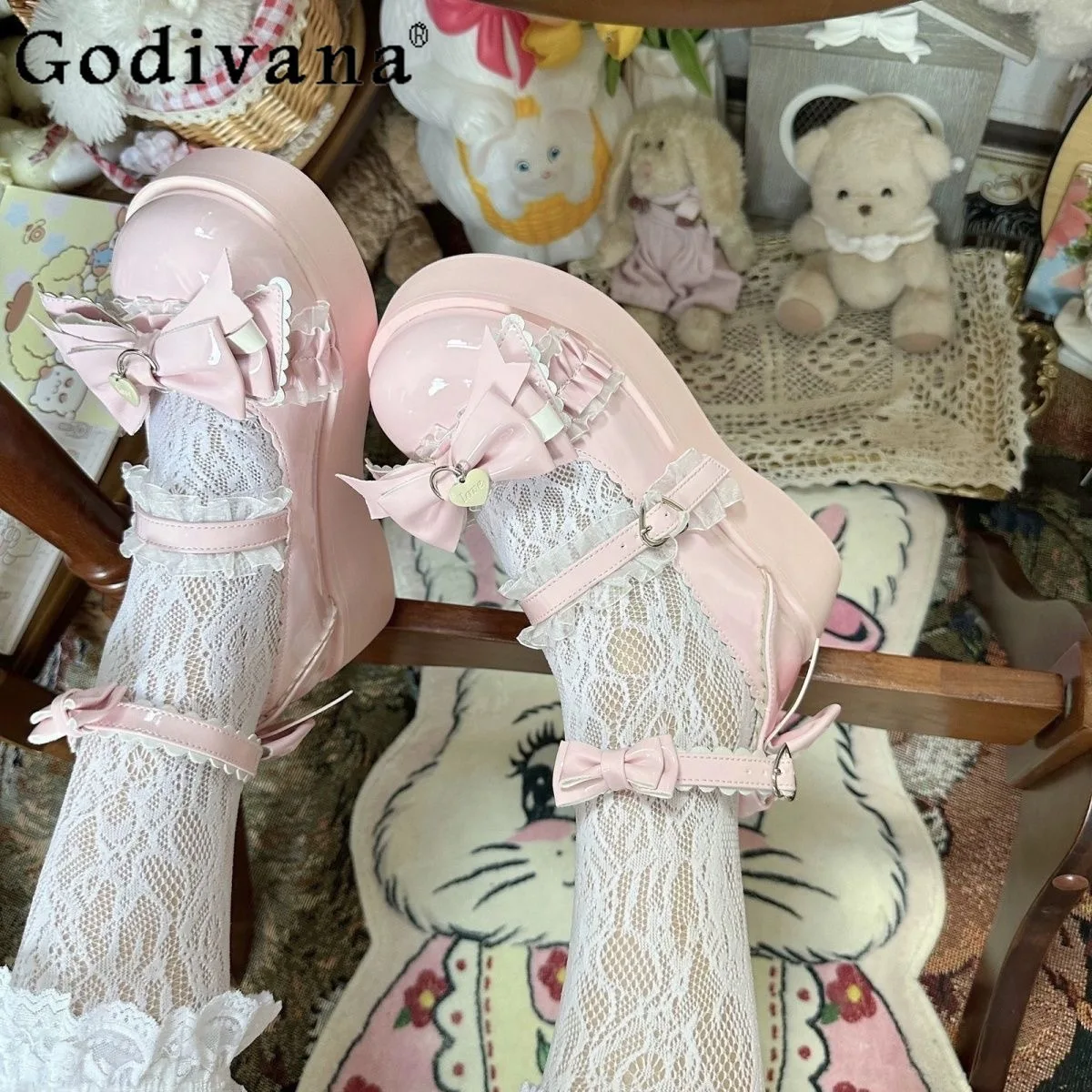 

Cute Sweet Japanese Girl Original Lolita High Heels Daily Versatile Bow Student Round Head Platform Muffin Single Shoes