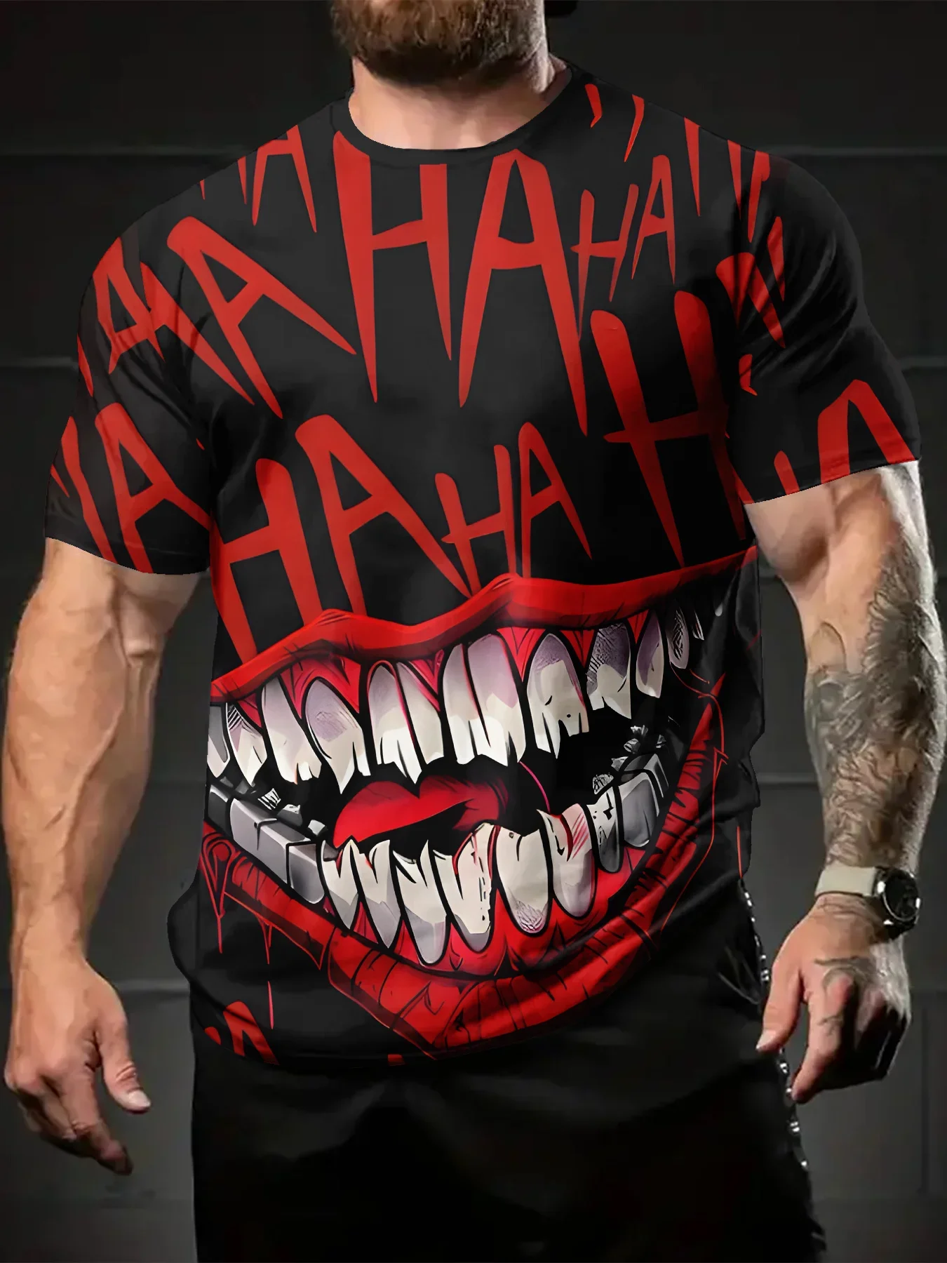 تي شيرت رجالي مطبوع رقمي ثلاثي الأبعاد HAHA Laughing Face Graphic - تي شيرت صيفي كاجوال جريء باللونين الأحمر والأسود يسمح بالتهوية ورقبة دائرية قصير