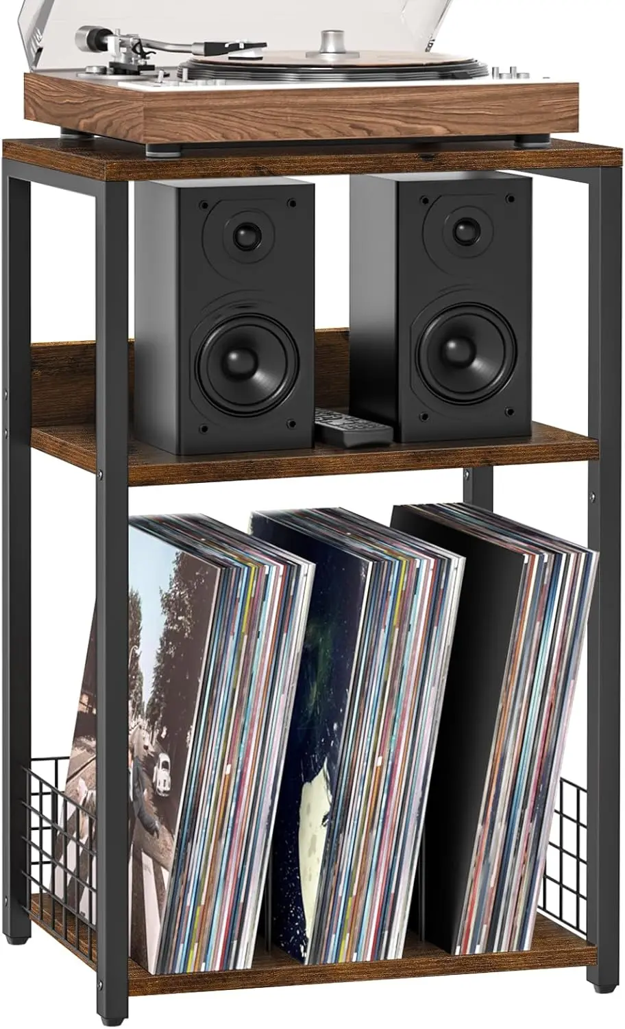 

Large Record Player Stand, 3 Tier 18" Wide End Table with Vinyl Storage for 130 Albums, Industrial Side Table for Living Room