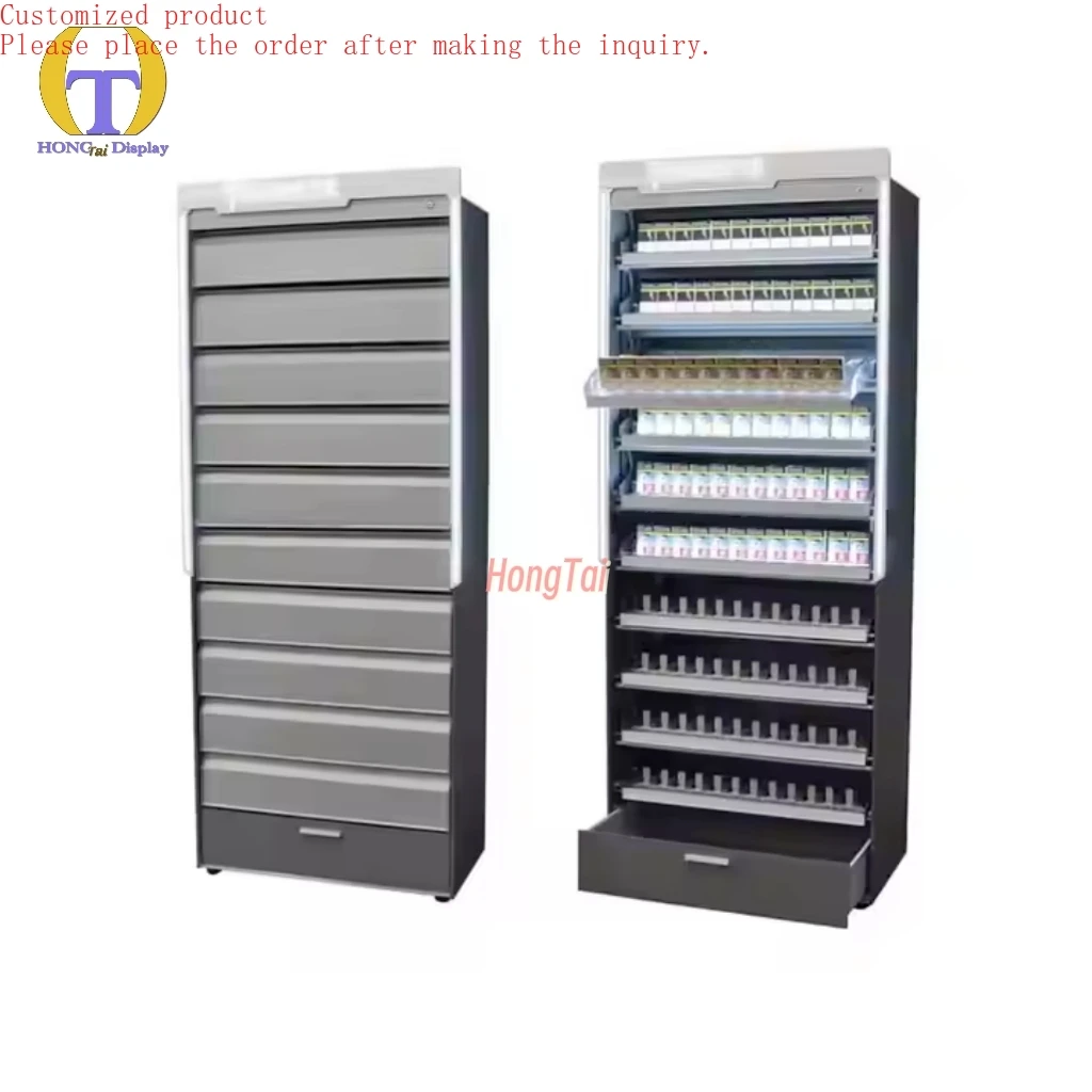 

Custom.Customizable Metal & Acrylic Smoke Cabinet Drawer with Flip Door LED Lighting Pusher for Cigarette Shop Display Case