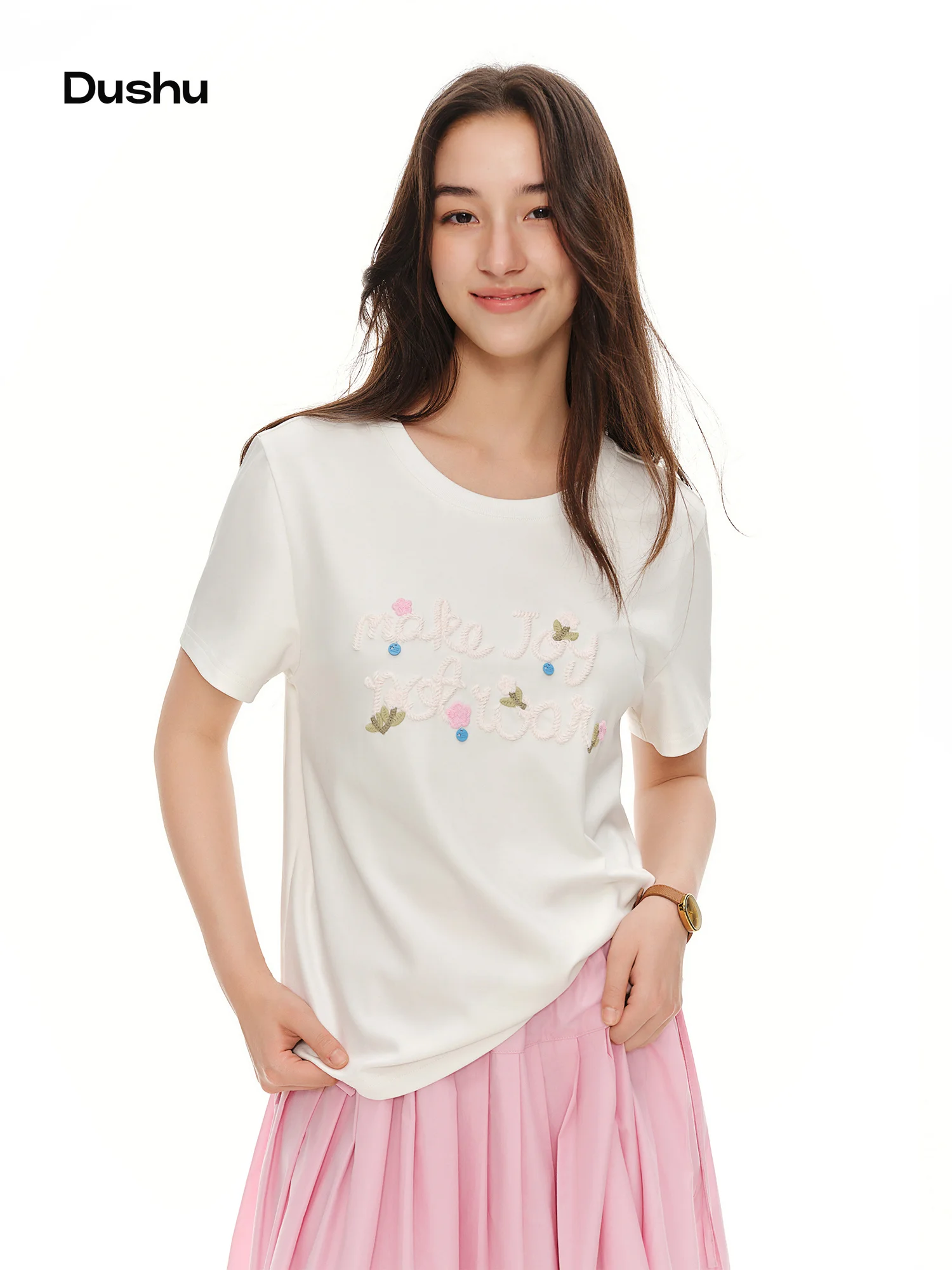 DUSHU Women Round Neck Floral Letter Print Short Sleeve T-Shirt Lenzing Fabric Loose Casual Daily Tee Summer 2026 New Top