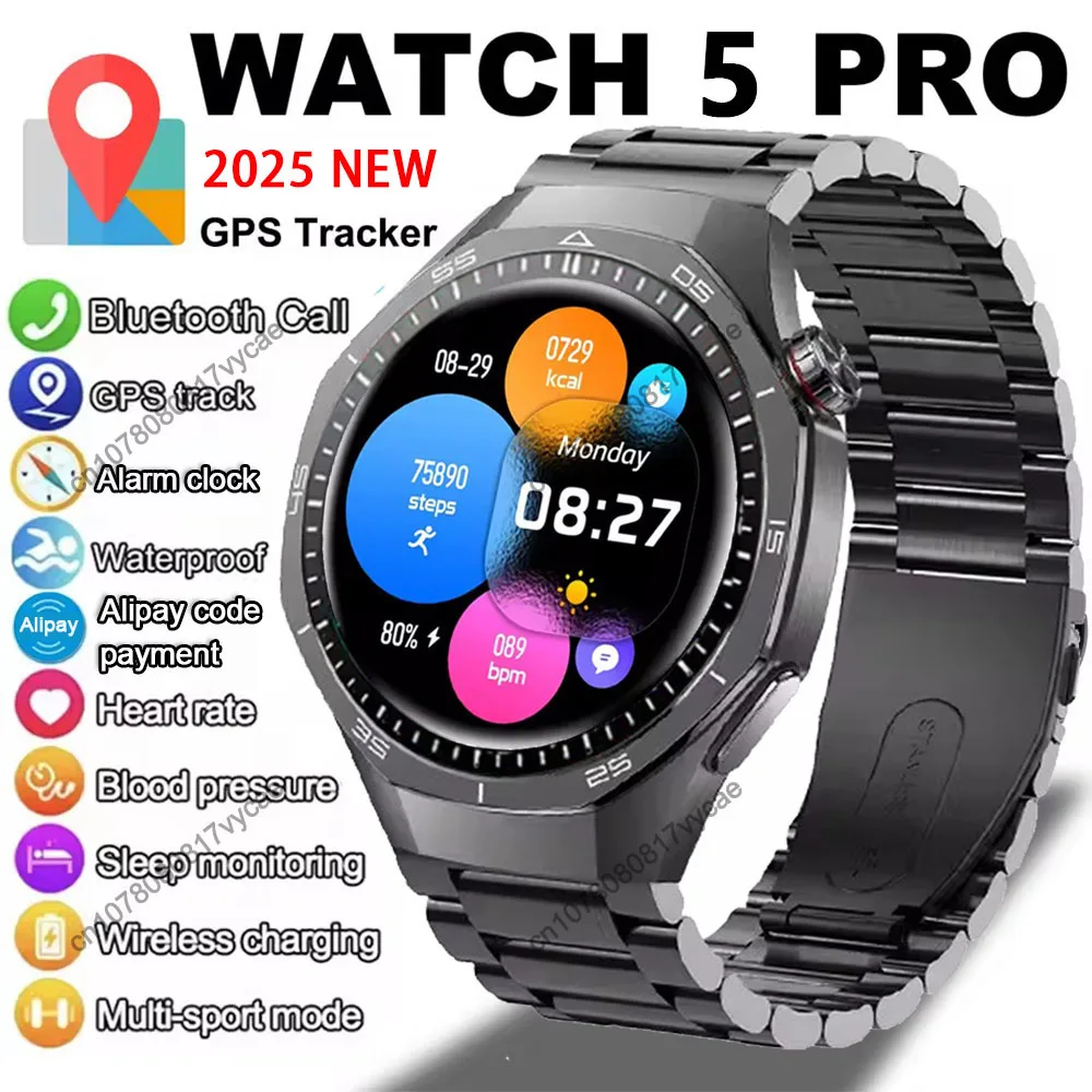 Jam Tangan Pintar GT5 Pro Baru 2025 Pria NFC GPS Layar AMOLED 360*360 Pemantauan Kesehatan Tahan Air IP68 Panggilan BT Jam Tangan Pintar Olahraga Pria