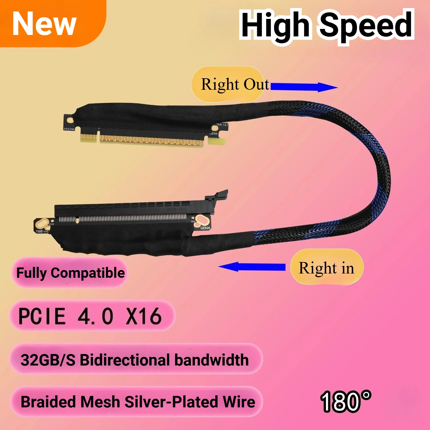 180 Degree PCI E 4.0 X16 Graphics Card Bend Extension Cable Silver Plated Adapter Cable GEN4 Lossless GPU Extension Cable 32GB\S