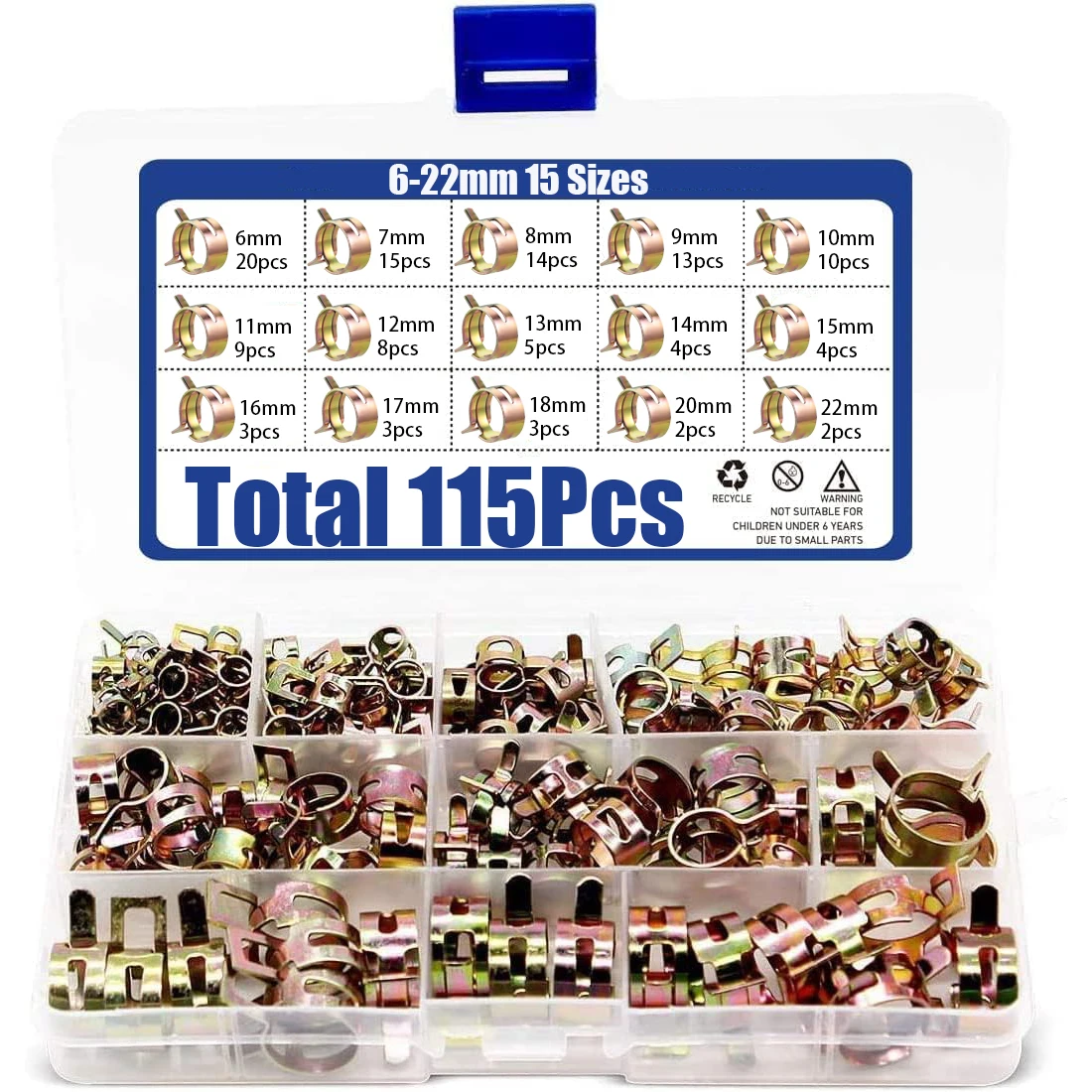 

115pcs 6-22mm 15 Size For Car Truck Spring Clips Fuel Oil Water Hose Clip Pipe Tube Clamp Fastener Assortment Kit