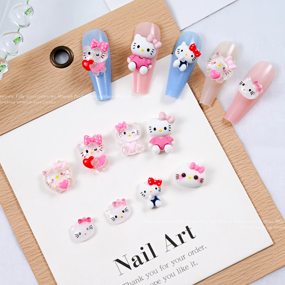 10 шт., мини-красные, розовые подвески для ногтей «Hello Kitty», милый котенок, кот, бант, сердце, смола, дизайн ногтей, стразы, сделай сам, поделки, украшение для маникюра