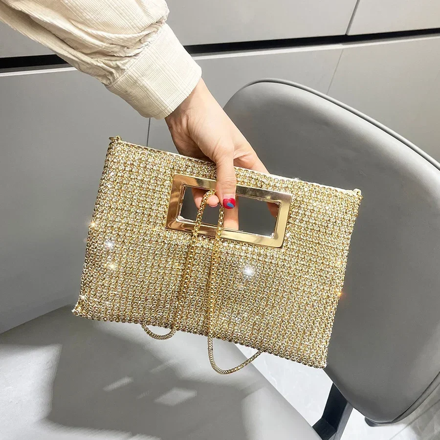 Bolso de noche cuadrado con diamantes de imitación y asa, bolsos hechos a mano de cristal plateado para mujer, bolsos y bolsos de lujo, bolso de mano para banquete, Bolsa