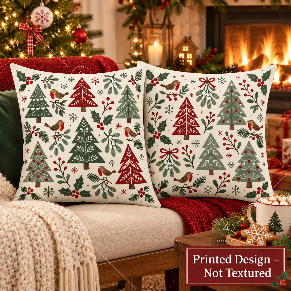 Winter Snowman Pillow Cover 2D Flat Printed Peach Skin Throw Pillowcase Robin Bird Cushion Cover For Sofa Living Room Couch