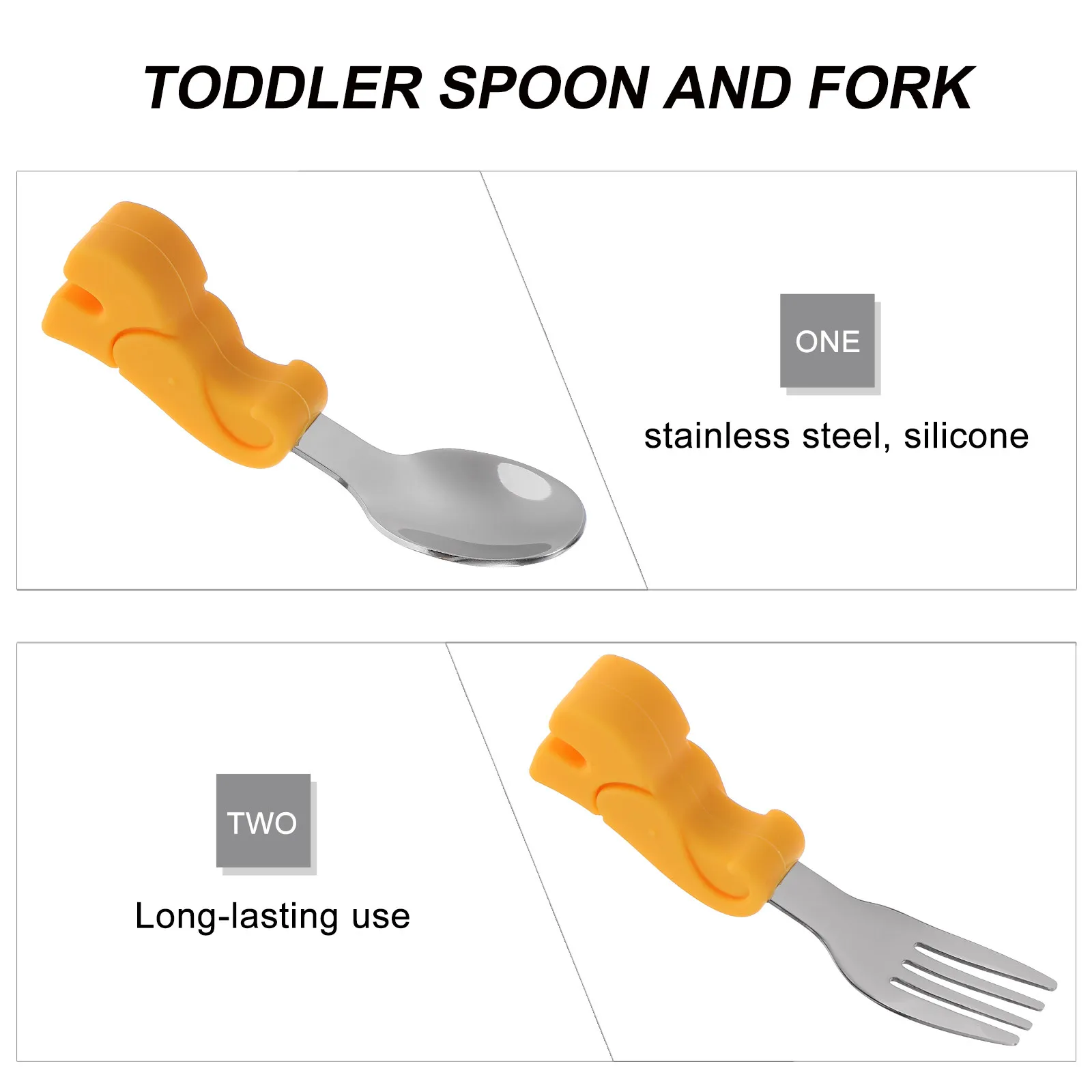 1Set Baby Spoon and Fork Set 304 Stainless Steel Training Utensils for Toddlers Soft Silicone Handle Smooth Polished Edges