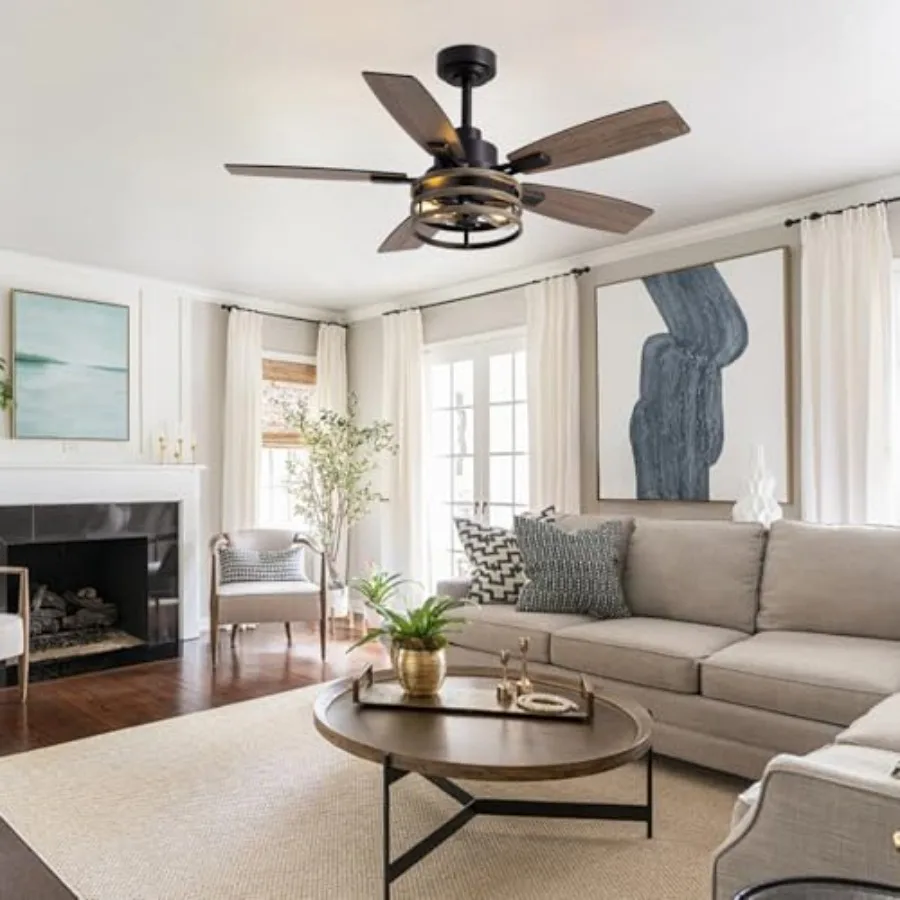 Farmhouse ceiling fan for bedroom, living room, and patio; metal black caged design; 46-inch indoor/outdoor use; integrated lig