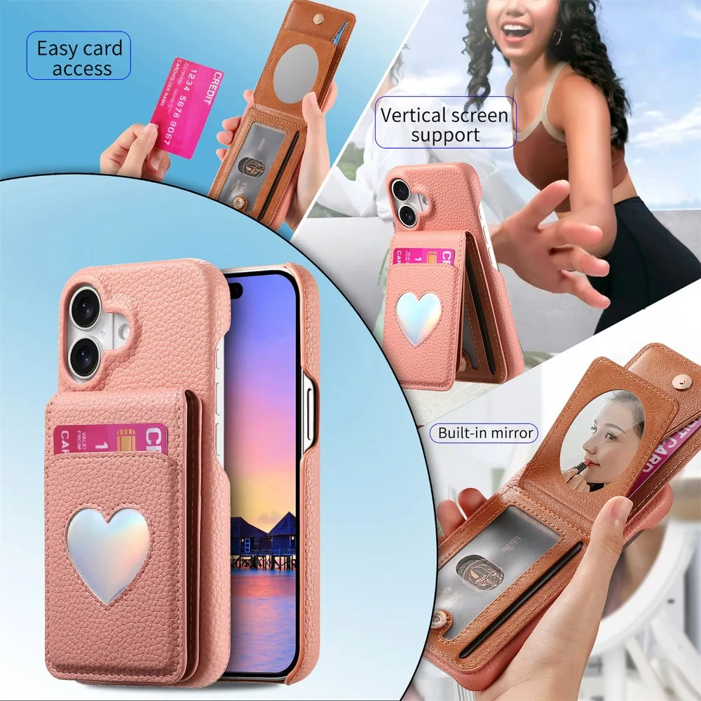 

Чехол для телефона из искусственной кожи с держателем для карт для iPhone 17 Pro Max Air 16 15 14 13 12 11 Love Laser Design Чехол-бумажник с зеркалом