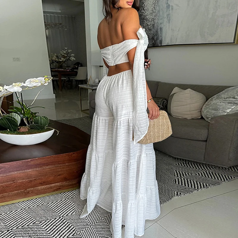 Elegant One Shoulder Women Lace Up Jumpsuit Fashion Solid Loose Wide Leg Playsuits Summer New Casual High Waisted Lady Rompers