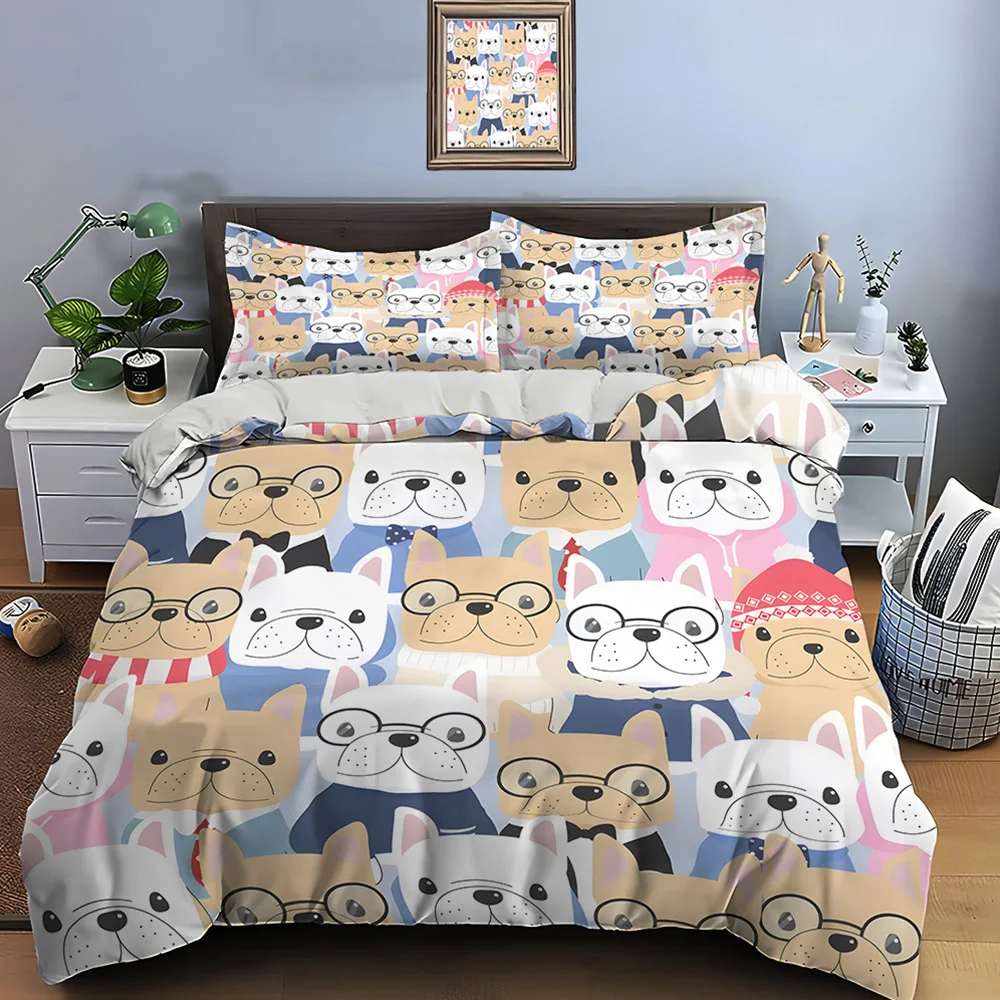 

Cartoon French Bulldogs Collection Pattern Duvet Cover Set Digital Print Polyester Bedding with Zipper Closur for kids gifts