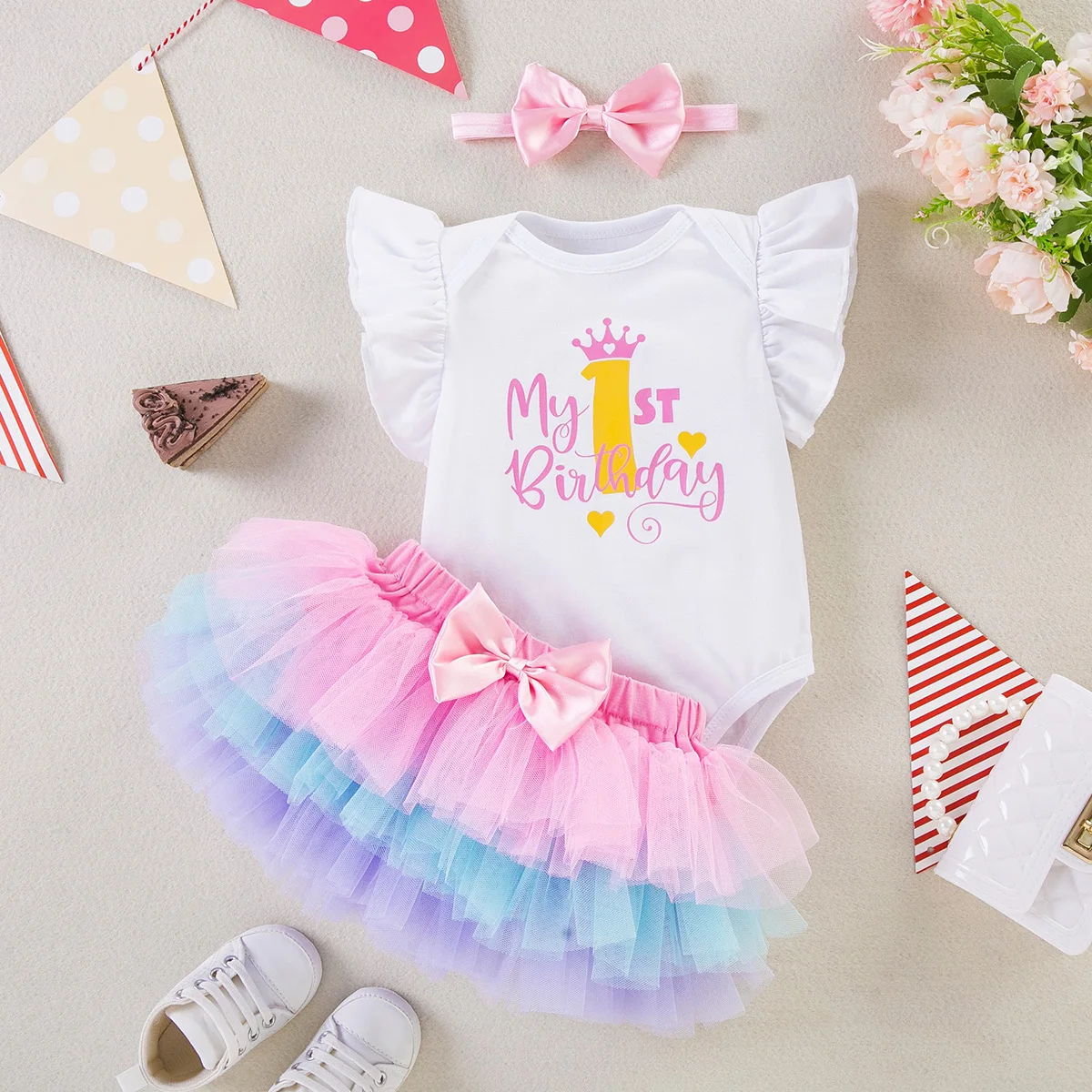 Ensemble de tenue pour le 1er anniversaire des bébés filles - Body à manches à volants « Mon 1er anniversaire » + Jupe tutu en tulle dégradé + Bandeau à nœud, 3 pièces