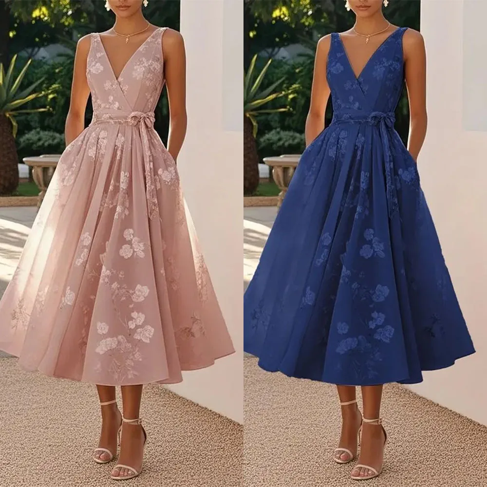 

High Quality Customized V-neck A-line Flowers Ankle Length Sleeveless Bow Robe Pour Mariage Invité Vestido De Festa De Casamento