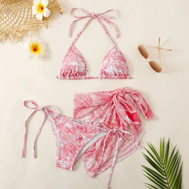 

Women's Summer Beach Plant Printed Halter Neck Tie Sexy Bikini Set With Cover Up Skirt And Shawl, 3pcs/Set, Random Print