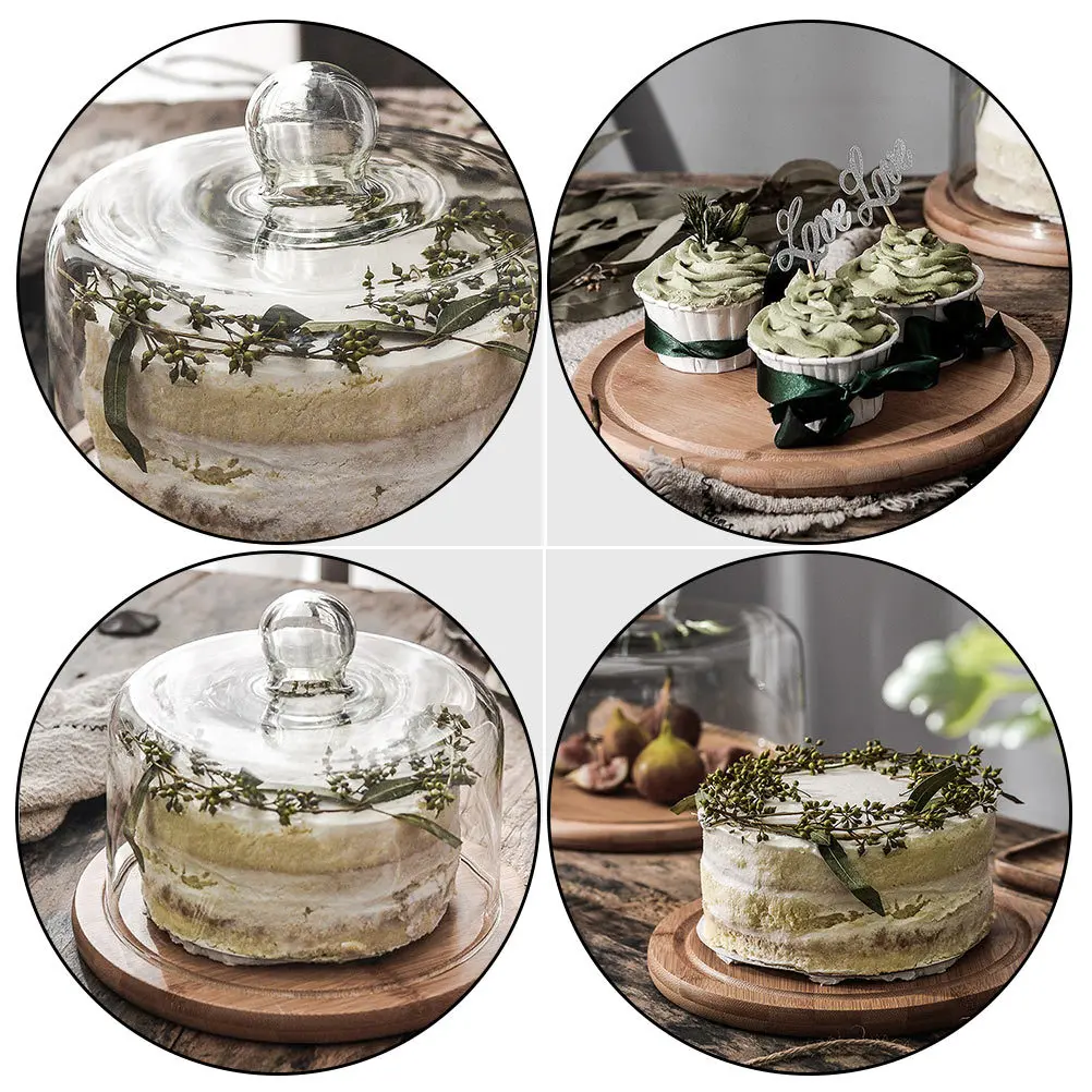 

Glass Cake Cover With Wooden Plate Transparent Food Display Cover For Party Wedding Buffet Dustproof Dessert Lid Home Hotel