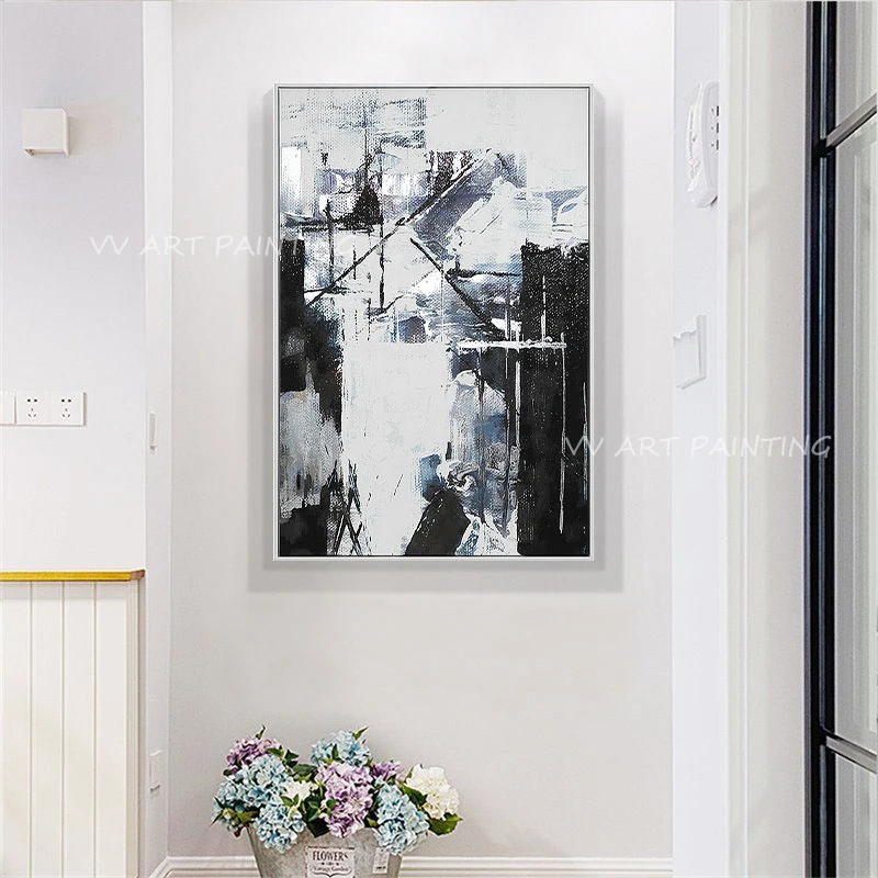 100% Hand Painted Vertical Abstract Canvas Oil Painting, Monochrome Graffiti Style Art, Contemporary Hallway Wall Art Gift