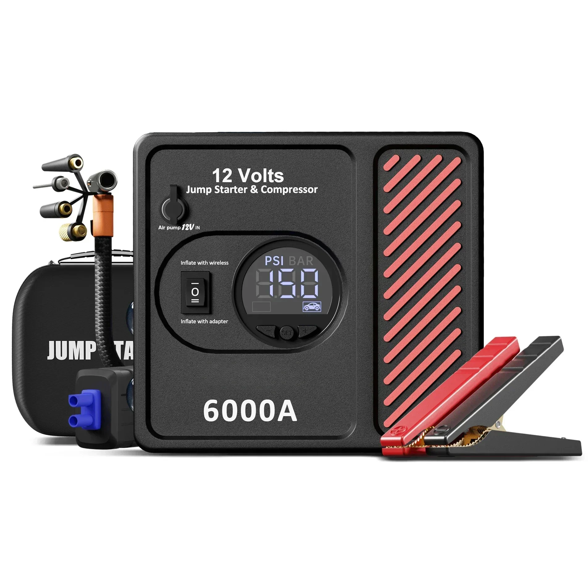 

6000A Car Jump Starter with Air Compressor 150PSI Battery Booster 28000mah 12V(Up To 13L Gas/12L Diesel Engine) with LED & USB