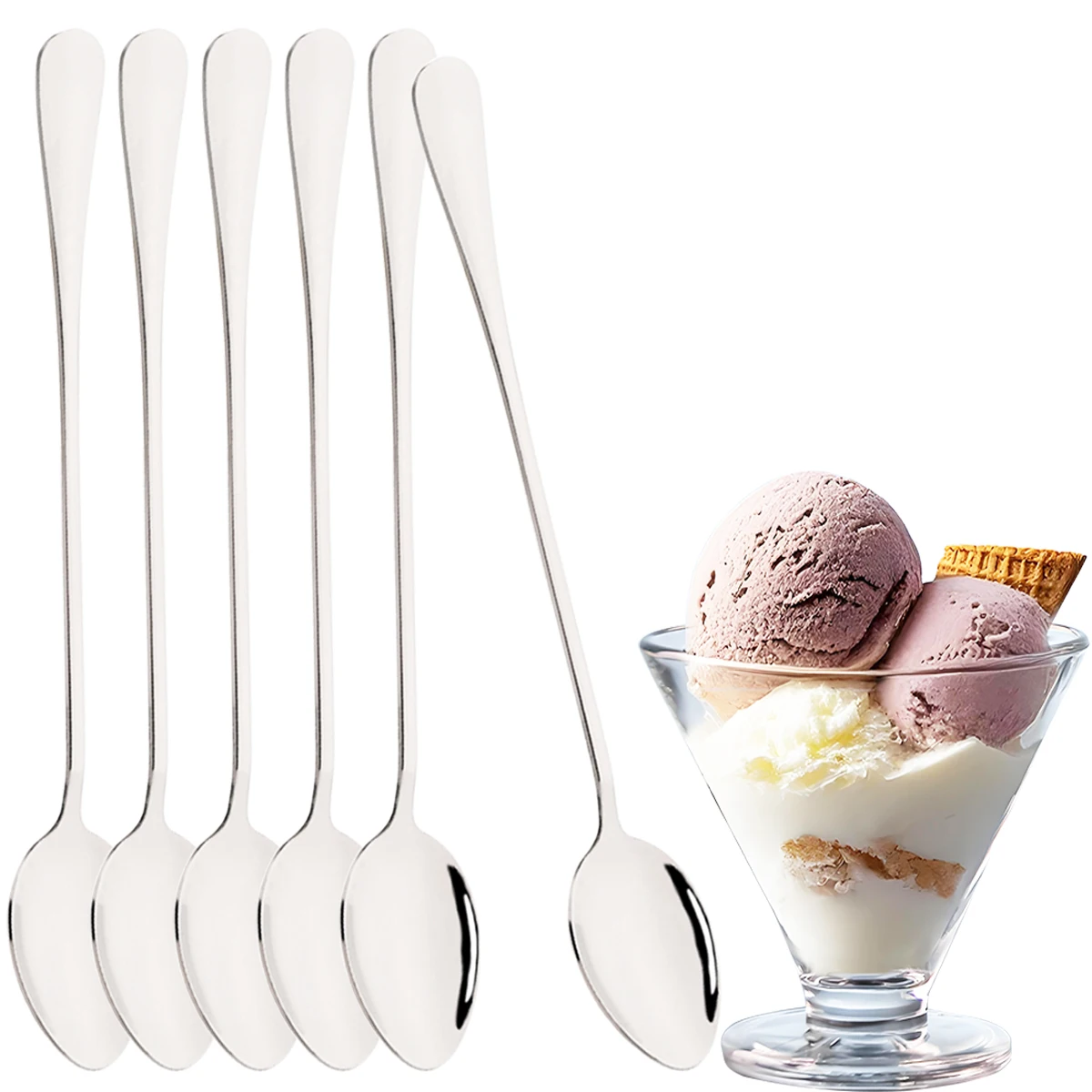 6-teiliges Löffel-Set aus Edelstahl mit langem Griff, Besteck-Set zum Rühren von Kaffee, Dessertlöffel für Milch, Tee, Saft, Milchshakes, Eis