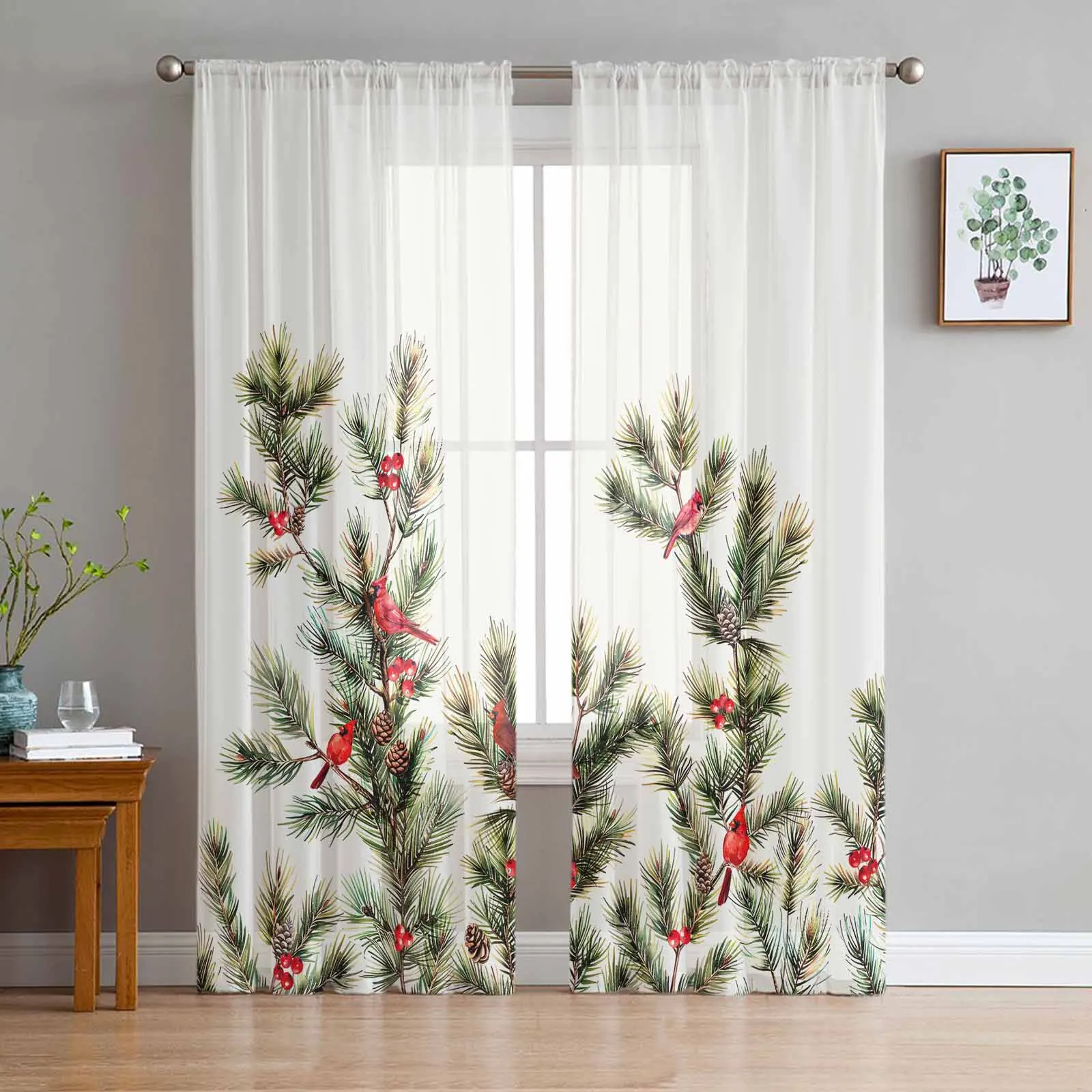 

Christmas Pine Needles Berries Window Tulle Curtains for Living Room Kitchen Christmas Home Decor Sheer Voile Curtains