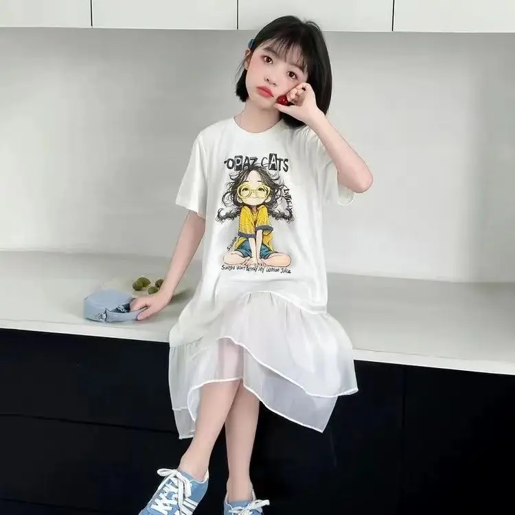 Girls Mesh Spliced Color-Block Princess Dress – T-Shirt Style Casual Summer Gown,Daily Wear & Party, Toddler Kids Outfit 3