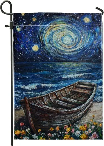 Summer Night Sky Garden Flag, Blue Starry Night Landscape Boat, 12x18 Inch XXQ