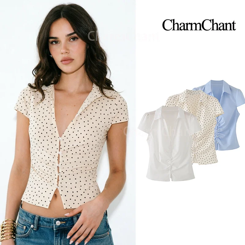 CHARMCHANT Y2K Aesthetic Polka Dot Cropped Shirt Women V-Neck Ruched Short Sleeve Top Sexy Clubwear Streetwear Fashion 2026