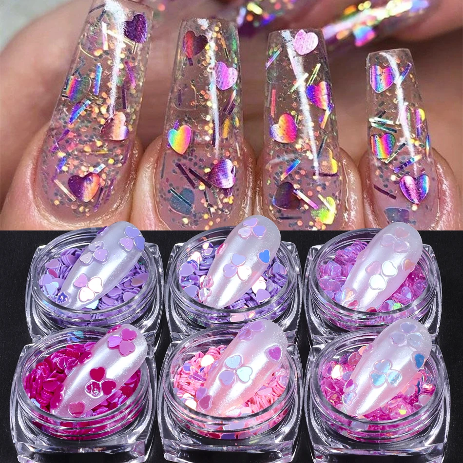 กลิตเตอร์เล็บรูปหัวใจสีชมพู/ม่วง 6 ชิ้น แบบโฮโลแกรม ประกายรุ้ง สำหรับตกแต่งเล็บวันวาเลนไทน์