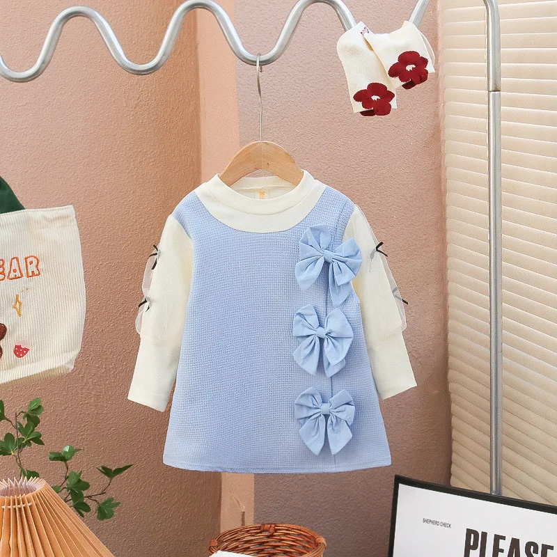 Girl\'s Dress Spring and Autumn  Baby Girl Color blocked Large Bow Long sleeved Splicing Mesh Princess Dress