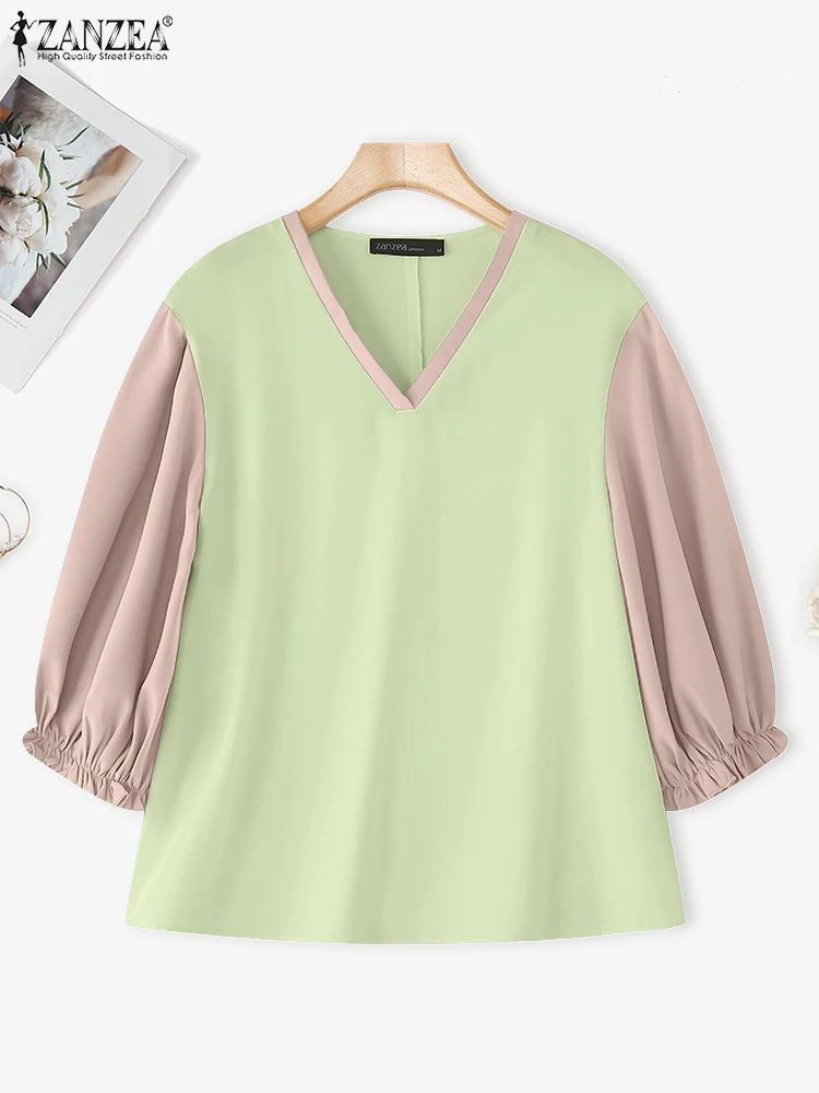 ZANZEA 2025 Elegant Blouse Autumn Lantern Sleeve Women V-Neck Color Patchwork Casual Shirts Fashion Office Lady Korean Blusas