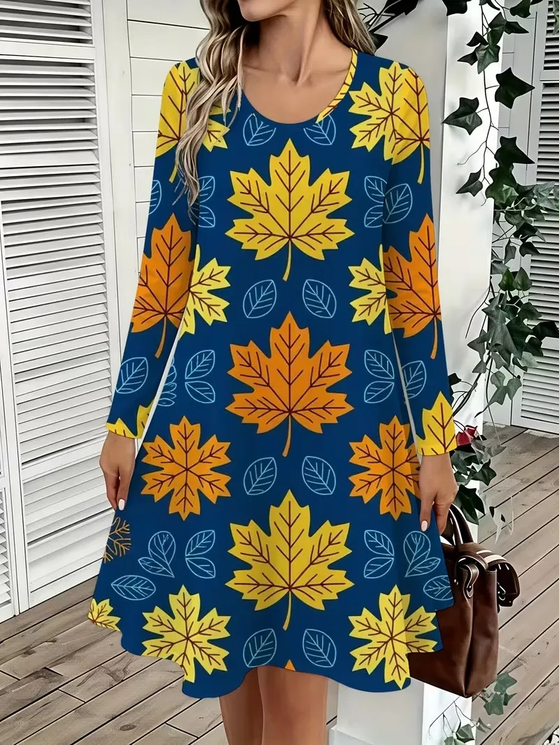 Maple Leaves Print Dress Women 2026 New Vintage 3D Print Dress Fashion Long Sleeve O-Neck Loose Casual A-Line Mini Dress