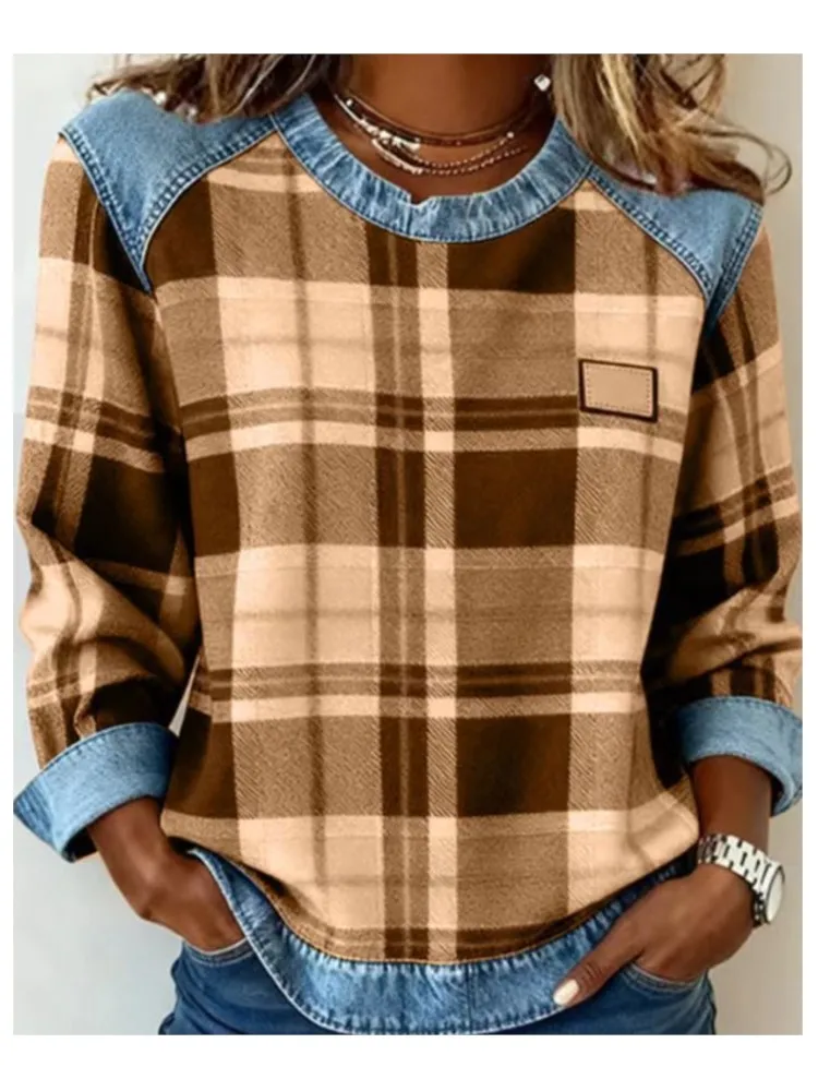 

Spring Autumn Checkered Print Loose Hoodie Woman Fashion O-neck Color Matching Sweatshirt Ladies Office Versatile Pullover