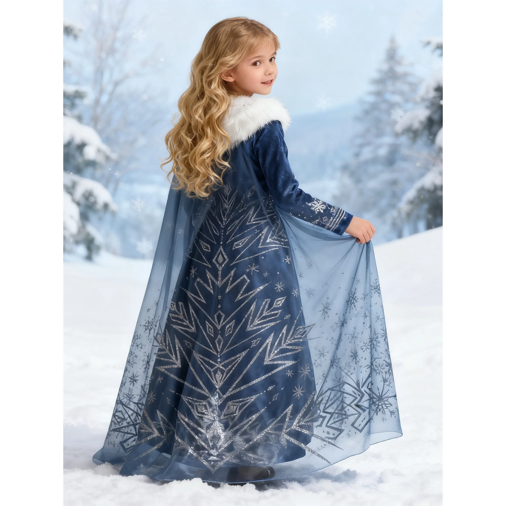 الأزرق ندفة الثلج فستان الأميرة الشتاء طويلة الأكمام الفراء طوق ملكة الثلج فستان مُصمم حسب الطلب فتاة إلسا السنة الجديدة عيد الميلاد ملابس للحفلات