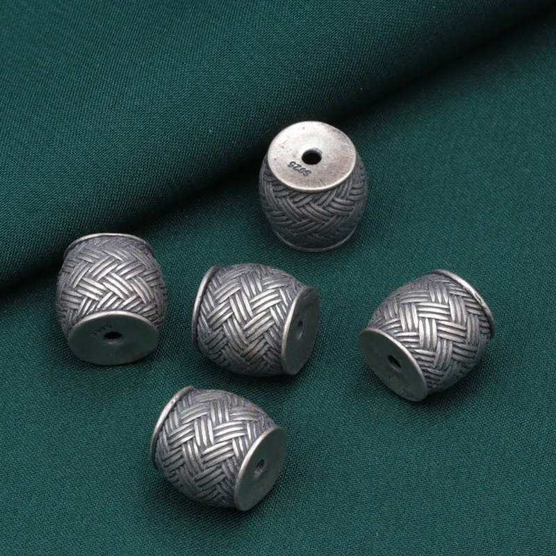 925 Sterling Silver Woven Drum Barrel Shape Spacer Beads Retro Thai Silver DIY Handmade Beaded Materials for Jewelry Making PZ14