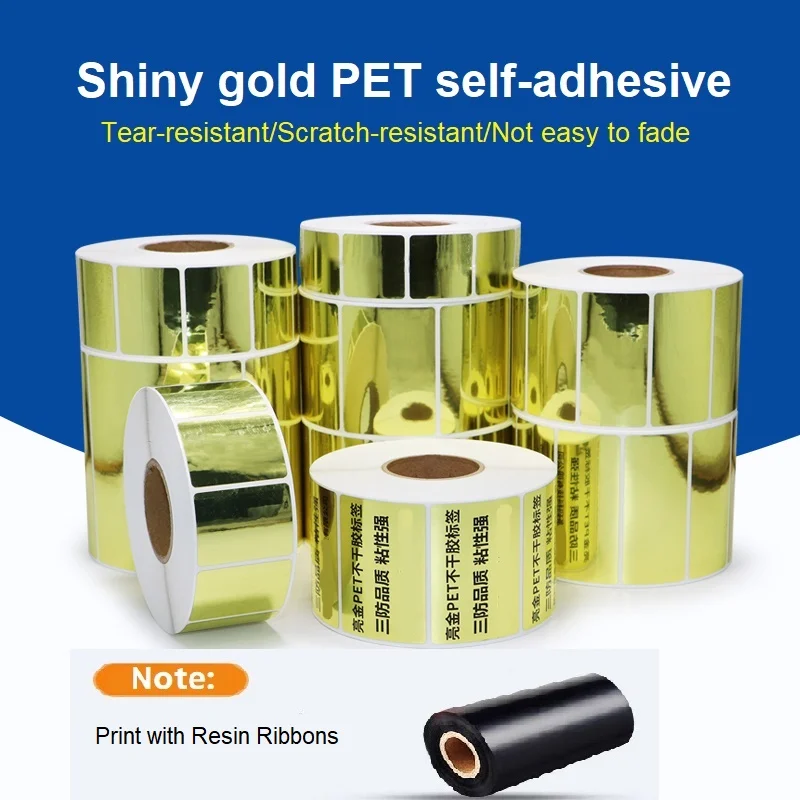 

Shiny gold PET label 60*40 Glossy gold self-adhesive barcode label paper tear-resistant blank gold label for luxury packaging