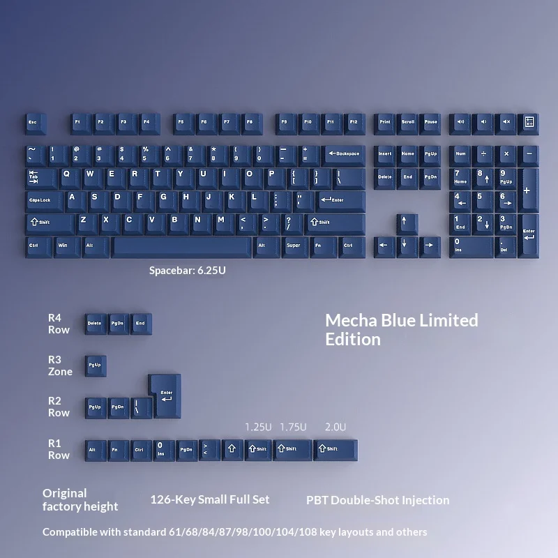 Blue keycap made of PBT material with regular engraving, complete set of 126 keys, original factory height dual color