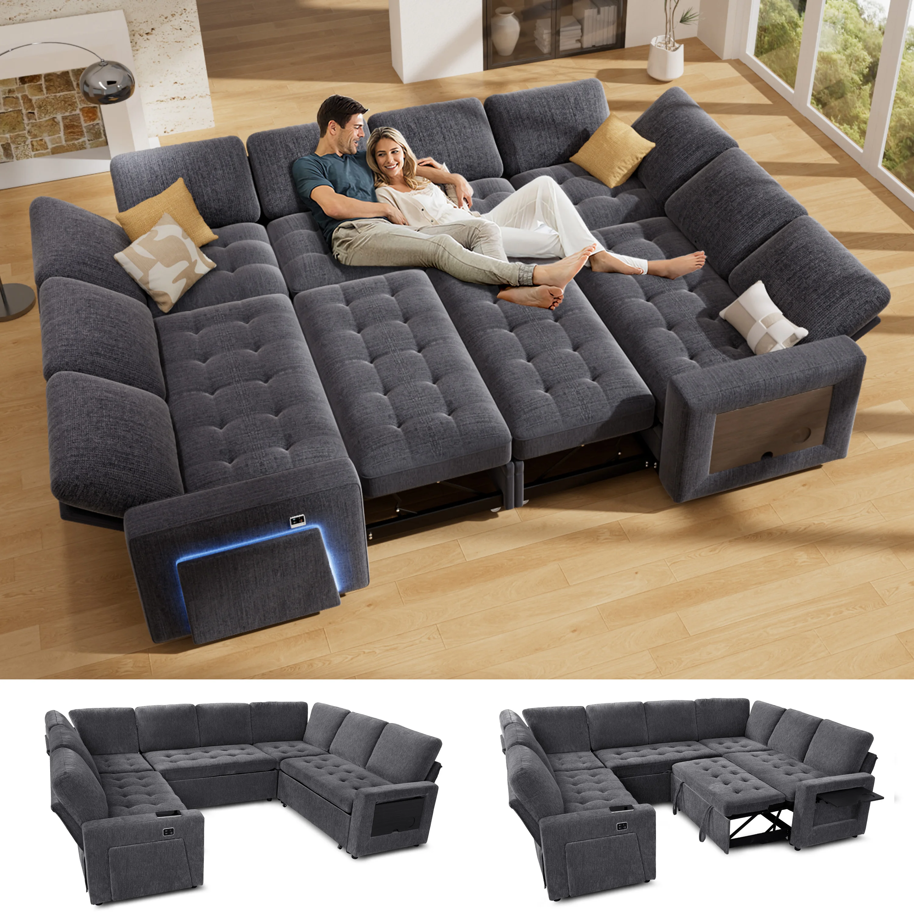 Hcore Large U-Shaped Modular Sectional (8-Seat) - Pull Out Bed Sleeper, Reclining Backrest, USB Ports, LED Light, Storage Seat