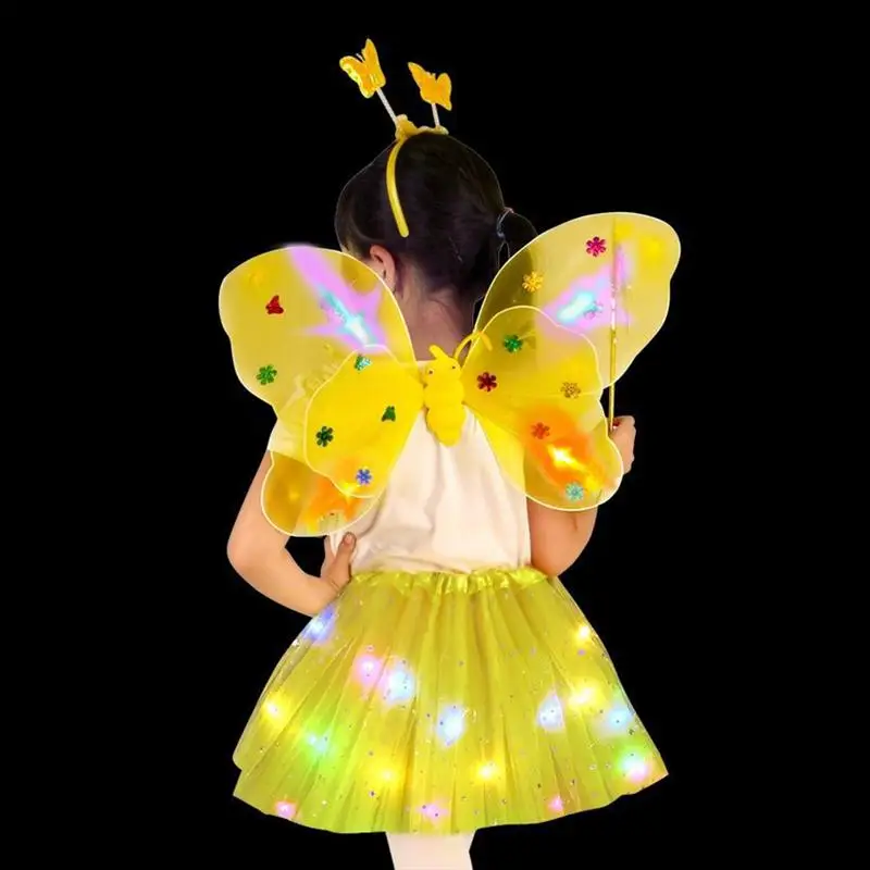 4Pcs Girls Butterfly Fairy Cosplay Costume Glowing Wings Tutu Skirt Wand Headband Fancy Dress Set for Girls 3-8 years gifts