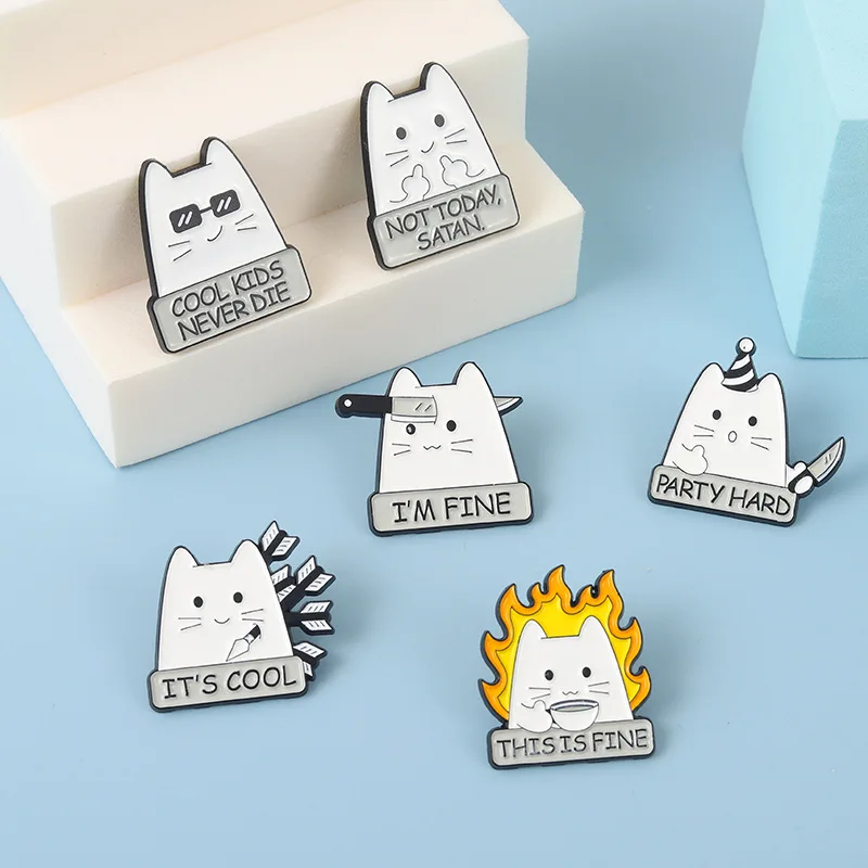 Cartoon White Cat Enamel Pin Metal Badge Brooch Knife Animal Funny Humor Drop Shipping Jewelry Women Kids Gifts Custom Wholesale