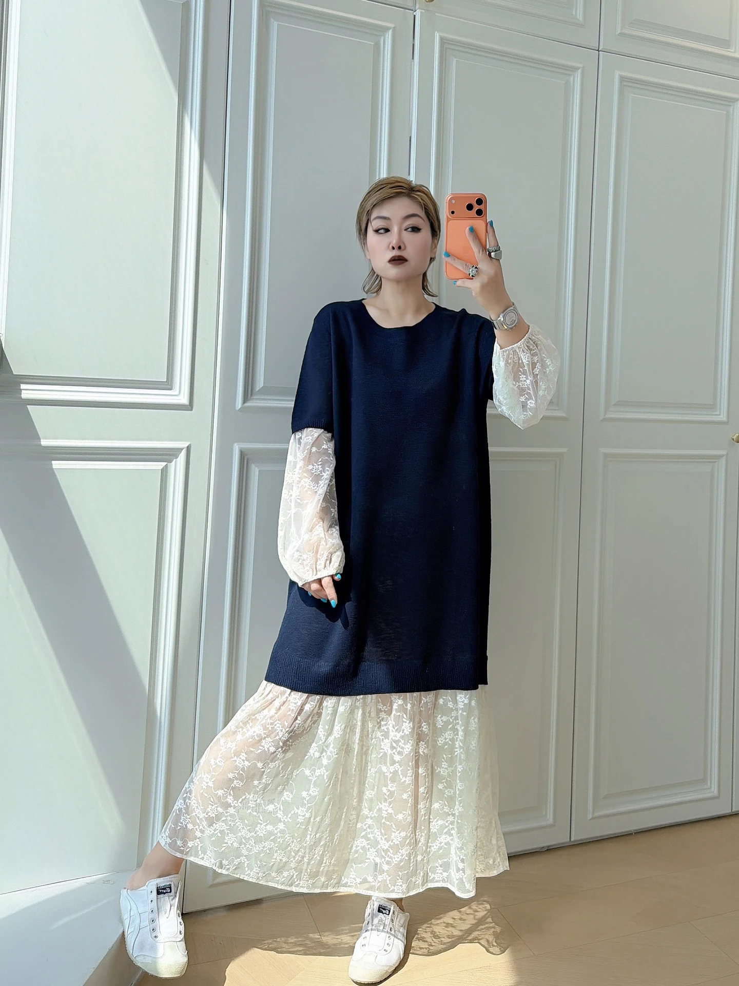

plus Size Women's round Neck Knitted Dress Lace Splicing Inner Wear Slimming Long Skirt City Commute Casual Wear High Waist